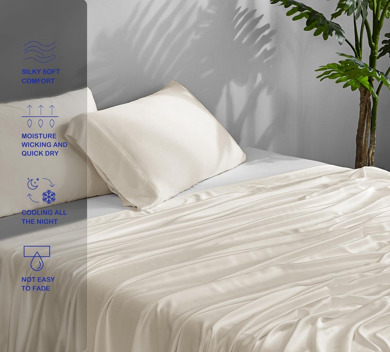 ACCURATEX Cooling Sheets Queen Size - 100% Viscose Made from Bamboo, Luxury Cool Silky Sheet Set for Queen Size Bed, Super Soft Breathable Bedding Sheets up to 16 inches Deep Pockect, Beige - Image 4